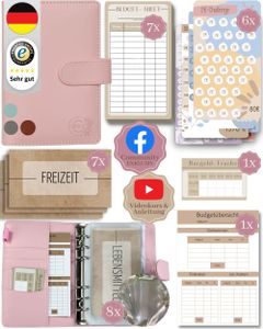 BeginnerBudget® Budget Planner Deutsch A6 Glattleder (Rosa) - Starterset Sparchallenge Budgetplaner, Sparen mit Umschlagmethode Ringbuch + Anleitung