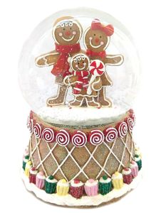 Schneekugel mit Lebkuchenfiguren als Spieluhr und bunt verziertem Sockel mit Musik, Licht und Schneeantrieb, batteriebetrieben, Kugeldurchmesser: 100mm, Höhe: 15m, Lied: „Jingle Bells“