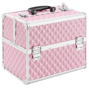 Kosmetický kufřík AREBOS, 15 l, 5 přihrádek, hliník, diamantový vzor, včetně zámku a klíče, sametová vložka, 32 x 27 x 22 cm, růžový