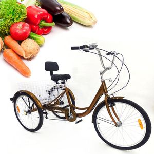 24 Zoll Dreirad Für Erwachsene Tricycle Erwachsene Dreirad Erwachsenendreirad 6-Gang Trike Fahrräder mit Einkaufskorb Fahrrad (Gold)