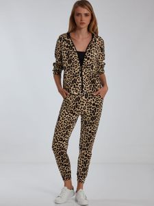 Damen Jogginganzug Leoparden Print | All-over Muster Freizeit Trainingsanzug | Zip Hoodie & Fitness Pants, Farben:Braun, Größe:S-M