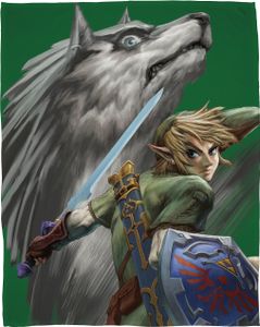Zelda Kuscheldecke für Kinder 160x200 cm · Große Tagesdecke für Gamer in Grün · Motiv mit Link und Wolf-Link
