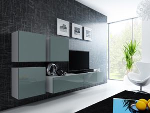 Furniture24 Wohnwand VIGO 23, Desing Mediawand, Modernes Anbauwand mit 3 Türen und 2 Klaptüren, Hängeschrank Tv Lowboard Weiß / Grau Hochglanz