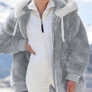 Damen Flauschige Winter Warm Plüschfutter Reißverschluss Kapuzenjacke,Farbe: Hellgrau,Größe:M