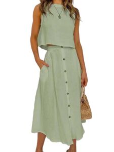 Damen Sommerkleider Einfarbige Crop Top und Midi Röcke Freizeitanzug 2 Teilig Set Grün,Größe S