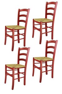 t m c s Tommychairs - 4er Set Stühle VENEZIA für Küche und Esszimmer, robuste Struktur aus Buchenholz in Anilinfarbe Rot und Sitzfläche aus Stroh