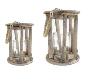 Holz-Laterne mit Kerzenglas und Seil-Griff 2er Set - S und L