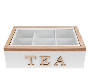 Clayre & Eef Teebox mit 6 Fächern 23x17x8 cm Weiß Braun MDF Glas Tea