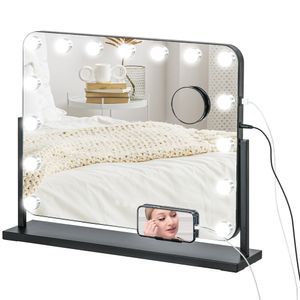 HOMCOM Hollywood Spiegel mit Beleuchtung, Schminkspiegel mit 14 LED Licht, 3 Lichtfarben, Kosmetikspiegel mit 10X Vergrößerung, USB-Ladeanschluss, Han