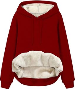 ASKSA Damen Fleece Kapuzenpullover Plüsch Sweatshirt Oversized Oberteil mit Taschen, Rot, L