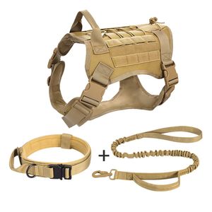 Taktisches Hundegeschirr Set, Hundegeschirr Militär Hundegeschirr Halsbandleine, spannungsfreies taktisches Hundegeschirr für große Hunde, Diensthundegeschirr für Trainingswanderungen,L,khaki