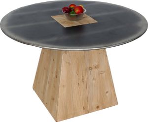 Esstisch HWC-L76, Tisch Esszimmertisch, rund Industrial Massiv-Holz MVG- 74x120cm, natur mit Metall-Optik