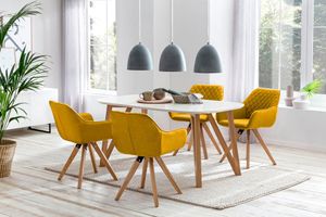 SalesFever Essgruppe 5-tlg. | 160 x 90 cm | Tischplatte weiß + Gestell Eiche | 4x Stuhl Textil gelb + Beine Eiche