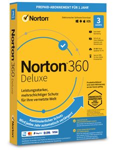 Norton für 3 Geräte & 1 Jahr - Deluxe 360 Version Antiviren Software - 25 GB Cloud-Backup +Secure VPN - Download -  ESD