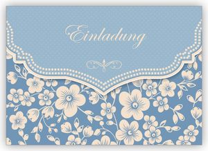 4x Ausgesuchte Einladungskarte mit Retro Kirschblüten Muster zur Hochzeit, Taufe, Diner in hellblau: Einladung