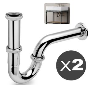 2 x Siphon waschbecken - 1 1/4 Zoll x 32 mm - Metall verchromt - Pflegeleicht & korrosionsbeständig / Röhrensiphon für Waschbecken / Ablaufverbindung / höhenverstellbar Tauchrohr abflussrohr