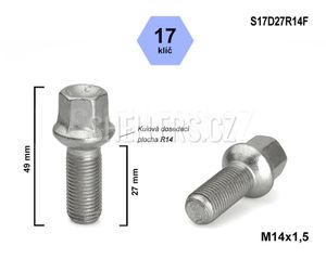 Kolový šroub M14x1,5x27 kulová R14, klíč 17, S17D27R14F, výška 49 mm