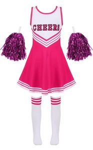 Kinder Mädchen Cheerleader Gr. 140 Cm Kostüm Komplettes Set Kleid mit Pompons Overknee Streifen Socken Faschingskostüm