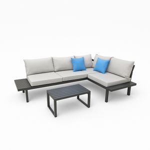 greemotion Gartenloungeset Samoa 4-Personen Aluminium mit Holz-Optik schwarz outdoor [155 x70x63 cm]
