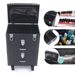 Kosmetik-Zugkoffer Kosmetiktuchboxen Make-up Trolley-Koffer Nagellack Organizer mit 4 Rädern (Schwarz)