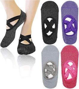 Yoga Socken 4 Paar rutschfeste Pilates Socken Tanz Crisscross Straps Design für Damen Pilates Barre Ballett