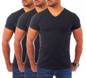 Young & Rich Herren Uni T-Shirt mit V-Ausschnitt Basic V-Neck Tee mit Stretchanteilen einfarbig slim fit 1700, Grösse:S, Farbe:Schwarz (3er Pack)