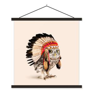 MuchoWow® Textilposter Tier - Eule - Indianer - Vogel 120x120 cm mit schwarzem Rahmen - Aufhängungsset