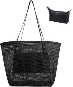 Mesh Strandtasche Groß mit Reißverschluss Innentasche, 45*35*16 cm Strandtasche Damen mit Kosmetiktasche，Große Reisetasche Strandtasche Faltbare Handtaschen Beach Tote Bag