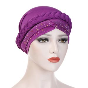 Muslimische Frauen Turban Hut Zopf Hot Fix Strass Chemo Cap Bandana Headwrap-Lila