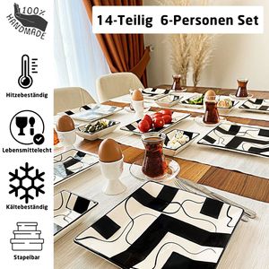 Vintage Tafelservice Eckig 14-Teilig 6 Personen Handbemalt Geschirr Teller Set