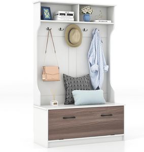 COSTWAY Garderobenständer mit Sitzbank & 5 Doppelhaken, Garderobe mit offenen Fächern & Schuhbank, Flurgarderobe für Eingangsbereich, Schlafzimmer, 100 x 40 x 160 cm (Weiß)