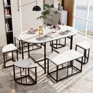 Merax 7dílný jídelní set v mramorovém vzhledu, kuchyňský stůl se 2 lavicemi a 4 židlemi, jídelní set jídelní set sedací souprava, bílý