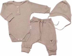 Baby Nellys 3-częściowy śpioszki w prążki. Hand Made, body, spodnie dresowe i czapka, beżowy, rozmiar 68