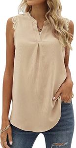 ASKSA Damen Ärmellose Bluse Elegant Spitzen Chiffon Tops Hemd V-Ausschnitt Sommer Casual Shirts, Aprikose, XL