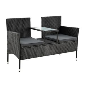 Juskys Polyrattan Gartenbank Monaco schwarz - 2-Sitzer Bank mit integriertem Tisch & Kissen in Grau - 133 × 63 × 84 cm - Sitzbank wetterfest