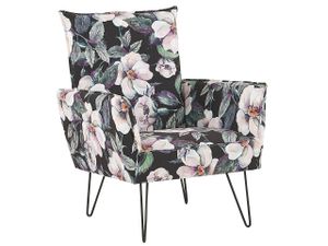 Sessel Schwarz/Rosa/Grün Blumenmuster Polsterbezug Kiefernholz Sperrholz mit Armlehnen schwarze Füße Wohnzimmer Schlafzimmer Retro Stil