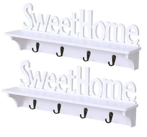 2er Set Wandgarderobe [Sweet Home] mit Ablage und 4 x Haken in weiß, Flurgarderobe, Wandpaneel 47x7x15 cm, WPC Hakenleiste, Kleiderhaken, Garderobenleiste