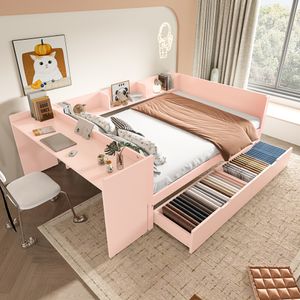 Flieks Kinderbett 140x200cm mit 2 Schubladen, Kinderbett Doppelbett mit Schreibtisch und Ablagen, Holzbett Flachbett Kinderzimmer, Rosa