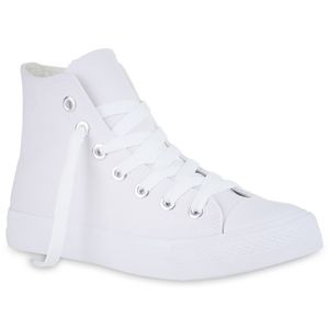 Mytrendshoe Damen Sneaker High Basic Canvas Turnschuhe Schnürer Freizeitschuhe 826091, Farbe: Weiß Weiß, Größe: 45