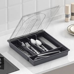 5 Fächern Besteckkasten mit Transparent Deckel, Besteckhalter Besteckeinsatz Besteck Organizer Schublade Organizer für Löffel, Gabeln BPA-frei