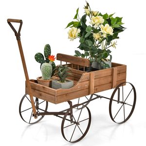 COSTWAY Stojan na kvety Drevený vozík na kvety s kovovými kolieskami Stojan na kvety pre záhradu a terasu 34x62x60 cm (hnedý)