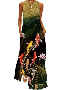 Sommerkleider Damen Ärmellos Strandkleid Blumen Leichte Lässige Tank Kleid mit Taschen Koi,Größe 5XL