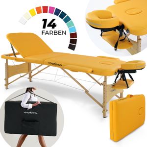 Mobile Massageliege - Holzfüße mit 3 Zonen-Klappbar, Massagetisch, Massagebett-höhenverstellbar inkl. Kopfstütze, Tasche Farbe: Gelb