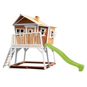 AXI Spielhaus Max mit Sandkasten & hellgrüner Rutsche | Stelzenhaus in Braun & Weiß aus  Holz für Kinder | Spielturm mit Wellenrutsche für den Garten