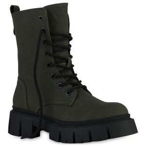 VAN HILL Damen Stiefeletten Plateau Boots Stiefel Profil-Sohle Schuhe 839450, Farbe: Olivgrün, Größe: 39
