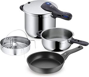 WMF Perfect Plus Schnellkochtopf Set Induktion 3-teilig, Dampfkochtopf 6,5l + 3l mit Einsatz-Set, Cromargan Edelstahl poliert, 2 Kochstufen