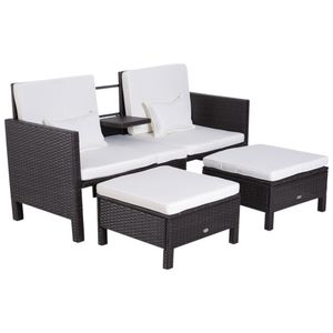 Outsunny 3-tlg. Gartensofa Gartenmöbel Lounge Gartenset Sitzgruppe Rattenmöbel Braun Polyrattan + Metall 2er-Sofa 2 x Hocker Kissen