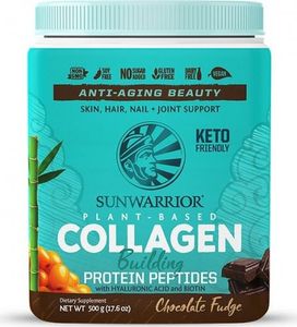 Sunwarrior Collagen Building Protein Peptides 500 g čokoládový fondán / Rostlinné proteiny / Chutný rostlinný protein s kyselinou hyaluronovou podporující produkci kolagenu