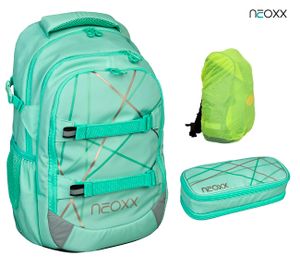 neoxx Active Schulrucksack 3tlg. Set mit Schlamper-Box und Regenschutz-Hülle | Rucksack für die Schule | ergonomischer Schulranzen aus recycelten PET Flaschen | Schultasche 5. bis 12. Klasse