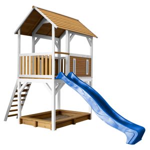 AXI Spielhaus Pumba mit blauer Rutsche | Stelzenhaus in Braun & Weiß aus  Holz für Kinder | Spielturm mit Wellenrutsche für den Garten